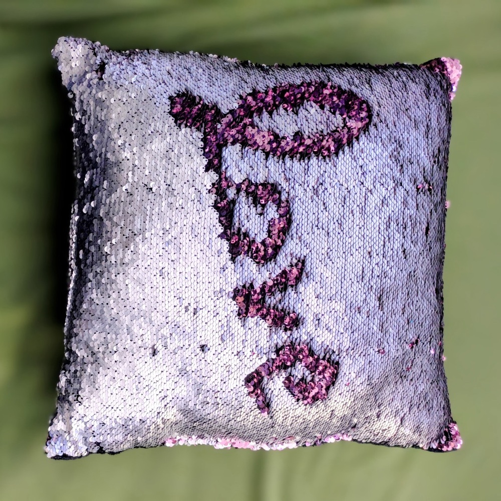 Reversible Sequin Pillow with Purple Text